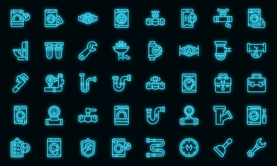 Poster - Washing machine repair icons set. Outline set of washing machine repair vector icons neon color on black