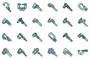 Poster - digital micrometer icons set. outline set of digital micrometer vector icons thin line color flat is