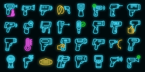Poster - Laser thermometer icons set. Outline set of laser thermometer vector icons neon color on black