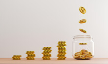 US Dollar Coins Dropping To Golden Coins Inside Of Transparent Jar And Coin Stacking On Table For Investment And Banking Financial Saving Deposit Concept By 3d Rendering.