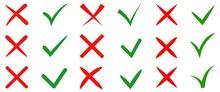 Vector Stylish Check Marks Big Set. Green Tick And Red Cross In Different Shapes. YES Or NO Accept And Decline Symbol. Vector Icons For Internet Buttons Props Or Web Page.