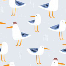 Seamless Seagulls Pattern. Creative Marine Summer Background. Vector Illustration