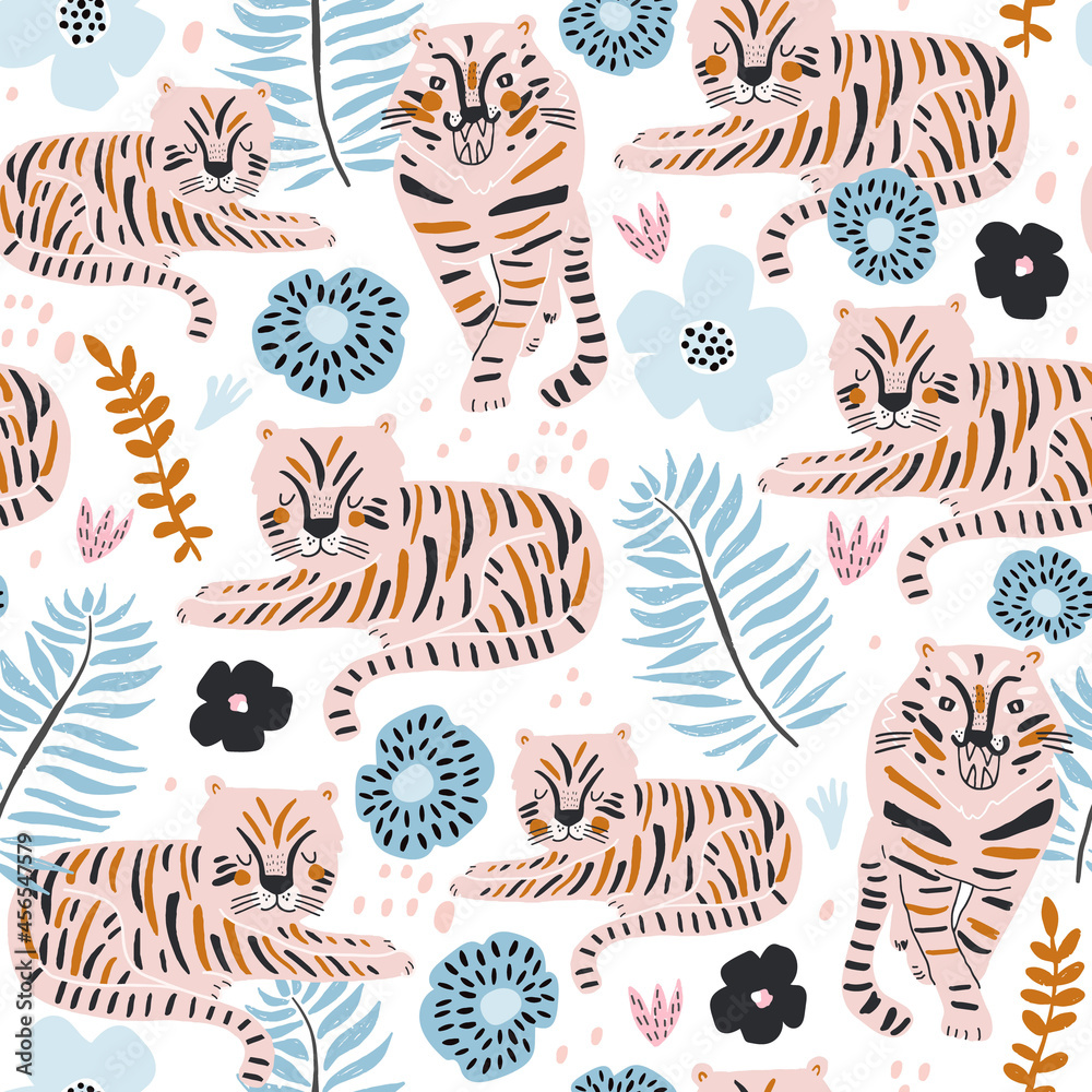 Seamless jungle pattern with wild tigers florals and hand drawn ...
