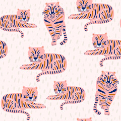 Seamless pink pattern with wild pink tigers and hand drawn elements. Creative animals texture for fabric, wrapping, textile, wallpaper, apparel. Vector illustration