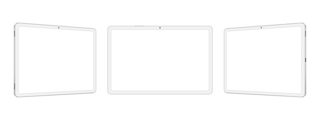 Fototapete - White Tablet Computers Mockups with Blank Horizontal Screens, Front and Side View, Isolated on White Background. Vector Illustration
