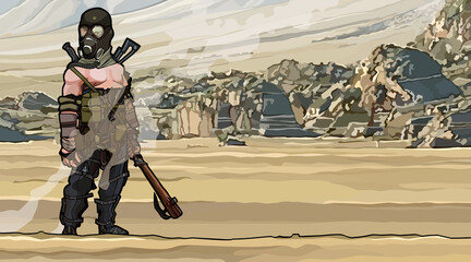 cartoon man in gas mask apocalypse survivor with wasteland background