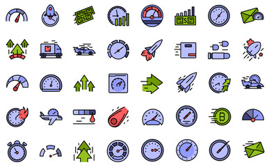 Poster - Velocity icons set. Outline set of velocity vector icons thin line color flat isolated on white