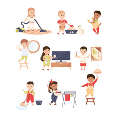 Wall Mural - Cute Kids Doing Housework and Housekeeping Vacuum Cleaning and Mopping Floor Vector Set