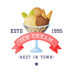 Sticker - Ice Cream Emblem and Badge with Ribbon and Frozen Dessert Vector Template