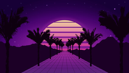 Wall Mural - Retro futuristic tropical road with mountains, sunset and palm trees. Retrowave and synthwave style illustration of road, sun, mountain and palms. Retro poster or banner design in 1980s style. Vector.