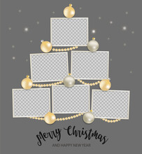 Christmas Photo Frames Mockup.  Empty Template With Shiny Balls And Beads. Vertical Composition On Gray Background. Vector 3d Realistic. Holiday Collage. EPS10.