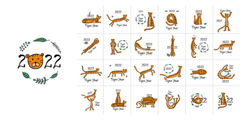 Poster - Cards collection with Tigers Family, animal characters. Symbol of 2022 New Year. Design Template for Christmas card, banner, poster, holiday decoration
