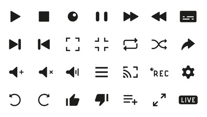 Aufkleber - Player buttons. Black silhouette interface icons. Play and pause, rewind back or forward signs. Start, stop and volume control symbols. Vector record UI elements set for video streaming