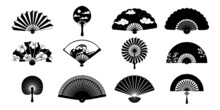 Black Paper Fan. Isolated Silhouettes Of Traditional Vintage Chinese And Japanese Folded Decorative Clothing Elements. Cooling Accessories. Vector Asian Culture Elegant Clothes Set