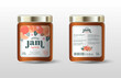 Apricot jam. Label for jar and packaging. Whole and cut fruits, peach seeds, leaves and flowers, text, stamp(sugar free).