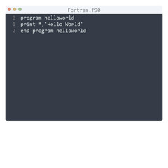 Fortran language Hello World program sample in editor window