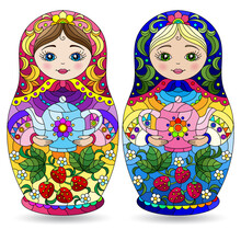 A Set Of Illustrations In The Style Of Stained Glass With Bright Russian Dolls, Toys Isolated On A White Background