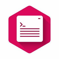 White Software, web developer programming code icon isolated with long shadow background. Javascript computer script random parts of program code. Pink hexagon button. Vector