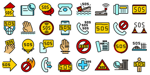 Poster - Sos icons set. Outline set of sos vector icons thin line color flat isolated on white