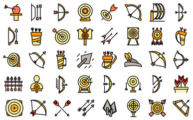 Poster - Archery competition icons set outline vector. Target bullseye. Archery purpose goal