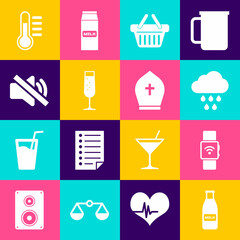 Wall Mural - Set Glass bottle milk and cap, Smartwatch with wireless, Cloud rain, Shopping basket, of champagne and Speaker mute icon. Vector