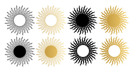 Wall Mural - Various abstract sun. Set of boho sun icons. Golden gradient color. Wicca, alchemy, mystical, magic, celestial, esoteric, sacred, spiritual, occultism inspired concept. Hand drawn vector.