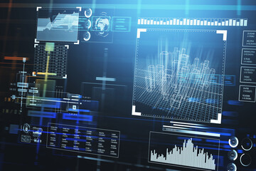 Poster - Digital interface with hologram of virtual city skyscraper