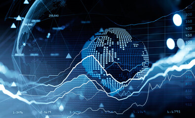 Wall Mural - Financial rising graph and chart with hologram of virtual globe