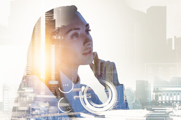 Poster - Businesswoman wearing white shirt is holding her chin