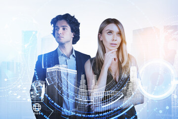 Poster - Businesswoman and businessman wearing formal suit are working to