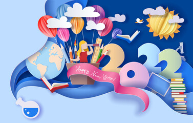 Wall Mural - 2022 New Year design card with kids on blue background.