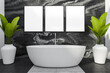 © ImageFlow - Bright bathroom interior with bathtub, three empty white posters