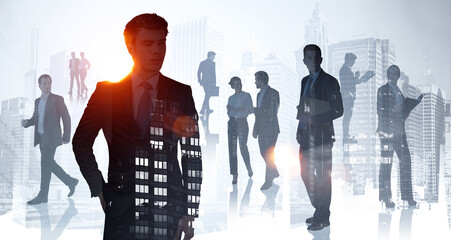 Wall Mural - Silhouettes of group of business people work together
