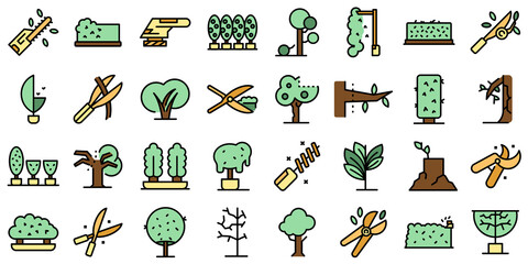Canvas Print - Tree trimming icons set outline vector. Tree woodcutter. Work thin line color flat isolated on white