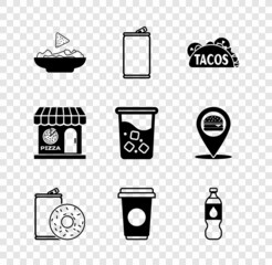 Wall Mural - Set Nachos in plate, Aluminum can, Taco with tortilla, soda and donut, Coffee cup, Bottle water, Pizzeria building facade and Glass icon. Vector