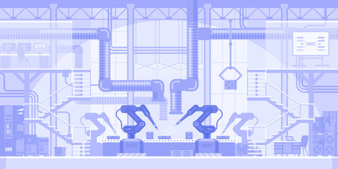 Wall Mural - Automated production line horizontal background. Robotic arms making products on conveyor belt. Innovation manufacturing with robots machinery. Abstract industrial panorama. Vector illustration