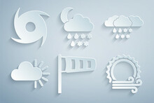 Set Cone Meteorology Windsock Wind Vane, Cloud With Snow And Rain, Cloudy, Wind Sun, Snow, Moon And Tornado Icon. Vector