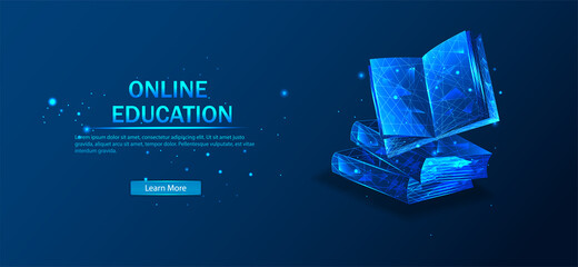 digital vector illustration. low poly wireframe online education blue background or concept with ope