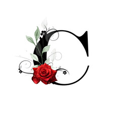 Floral monogram, letter C - decorated with red rose and watercolor leaves