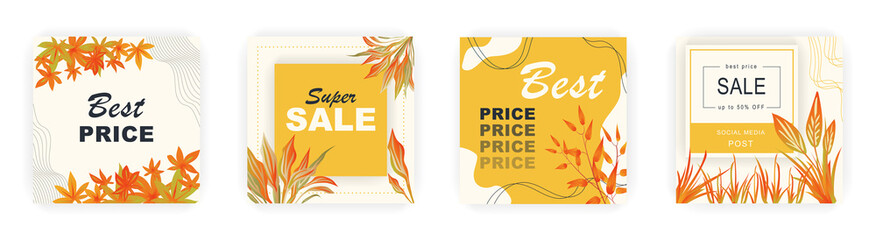 Wall Mural - Modern autumn square sale poster templates with floral and geometric pattern. Suitable for social media posts, poster, mobile apps, banners design and web ads, vector backgrounds, promotion materials.