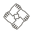 Stylized icon design with 4 hands holding together. Thin line minimal Illustration for different concepts like teamwork, community, unity, equality, volunteering and partnership