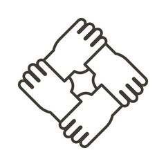 Stylized icon design with 4 hands holding together. Thin line minimal Illustration for different concepts like teamwork, community, unity, equality, volunteering and partnership