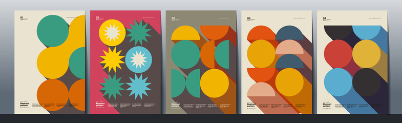 Abstract Paintings. Set of vector illustrations. Memphis and Bauhaus style designs. Geometric shapes, backgrounds, trendy patterns. Retro elements for web, sale banners, posters, flyer.