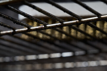 Poster - Macro shot of a wooden brush cleaning the oven racks