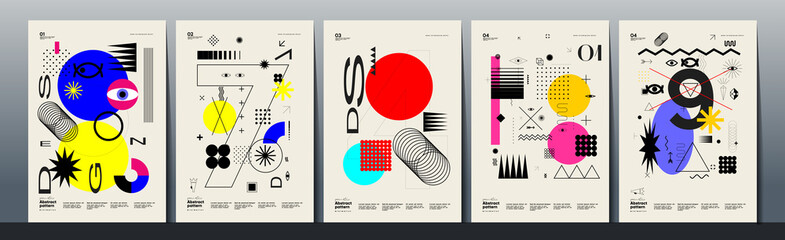 Abstract Paintings. Set of vector illustrations. Memphis and Bauhaus style designs. Geometric shapes, backgrounds, trendy patterns. Retro elements for web, sale banners, posters, flyer.