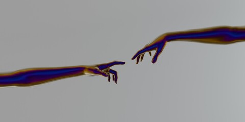 Poster - Modern 3d illustration with two artificial hands about to touch each other, reminiscent of the scene of Adam's creation.
