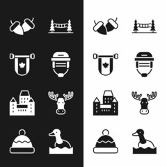 Sticker - Set Hockey helmet, Pennant Canada, Acorn, Capilano Suspension Bridge, Chateau Frontenac hotel, Moose head with horns, Flying duck and Beanie icon. Vector