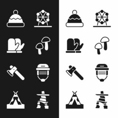 Poster - Set Mushroom, Christmas mitten, Beanie hat, Ferris wheel, Wooden axe, Hockey helmet, Inukshuk and Indian teepee or wigwam icon. Vector