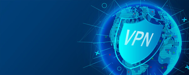 Poster - VPN. Data encryption, IP substitute, secure connection concept. Cyber security and privacy, personal info protection 3d vector illustration, web banner. Secure VPN connection concept.  Vector.