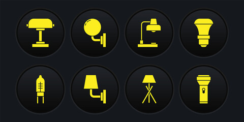 Sticker - Set Light emitting diode, LED light bulb, Wall lamp or sconce, Floor, Table, Flashlight and icon. Vector